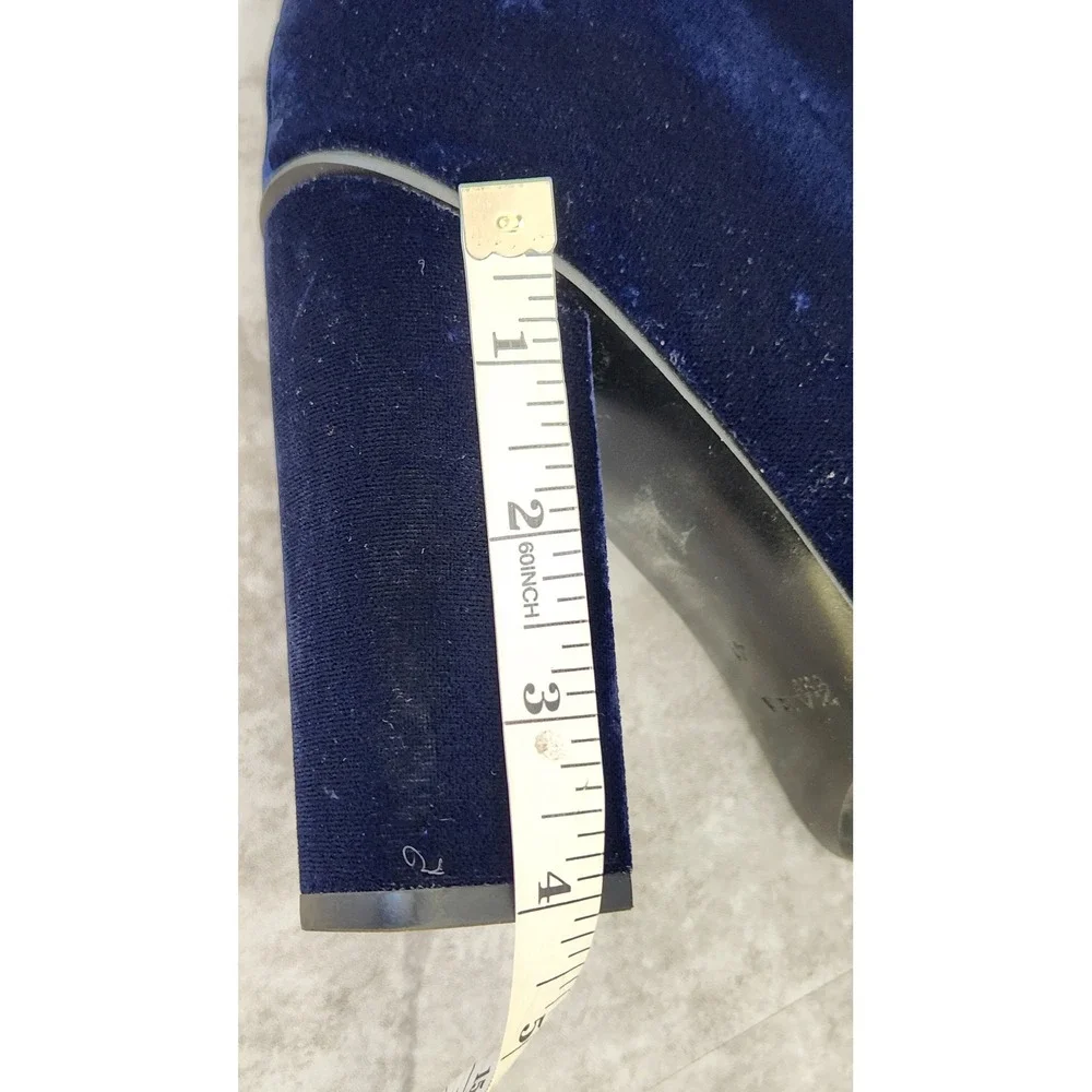 Zara Velvet Ankle Boots Women 41 Blue Front Zip Block Heel Ribbon Tie Gothic